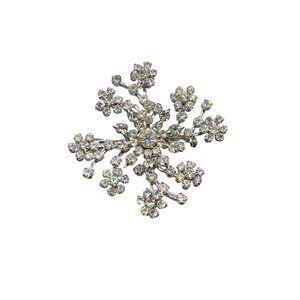 Vintage Rhinestone Brooch Layered Silver Tone Clear Glass Stones Snowflake Pin